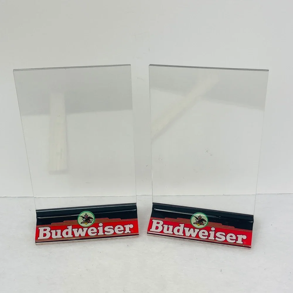 Vintage Budweiser Acrylic Table Tent Sign Holder Pair Clear Bar Menu Display 8in